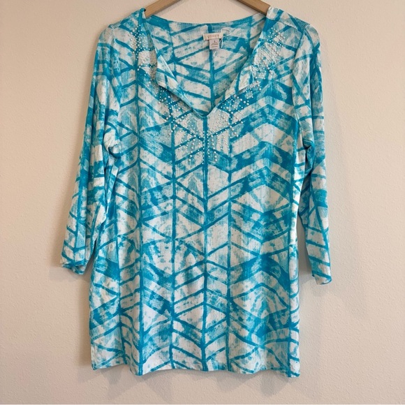Chico’s Blue and White Patterned Tunic Top Beach Resort V Neck Size 1 M/8 - Picture 1 of 4